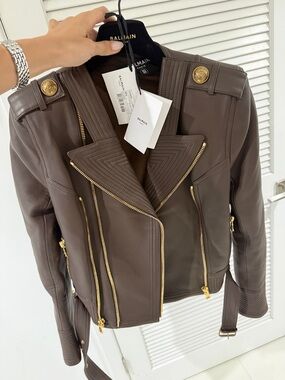 Balmain leather jacket briwn with gold details